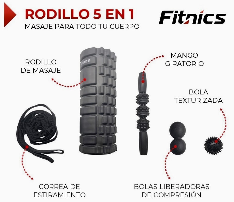 RODILLO CON SET 5 ELONGACION Y MASAJES FITNICS ROLLER FOAM2