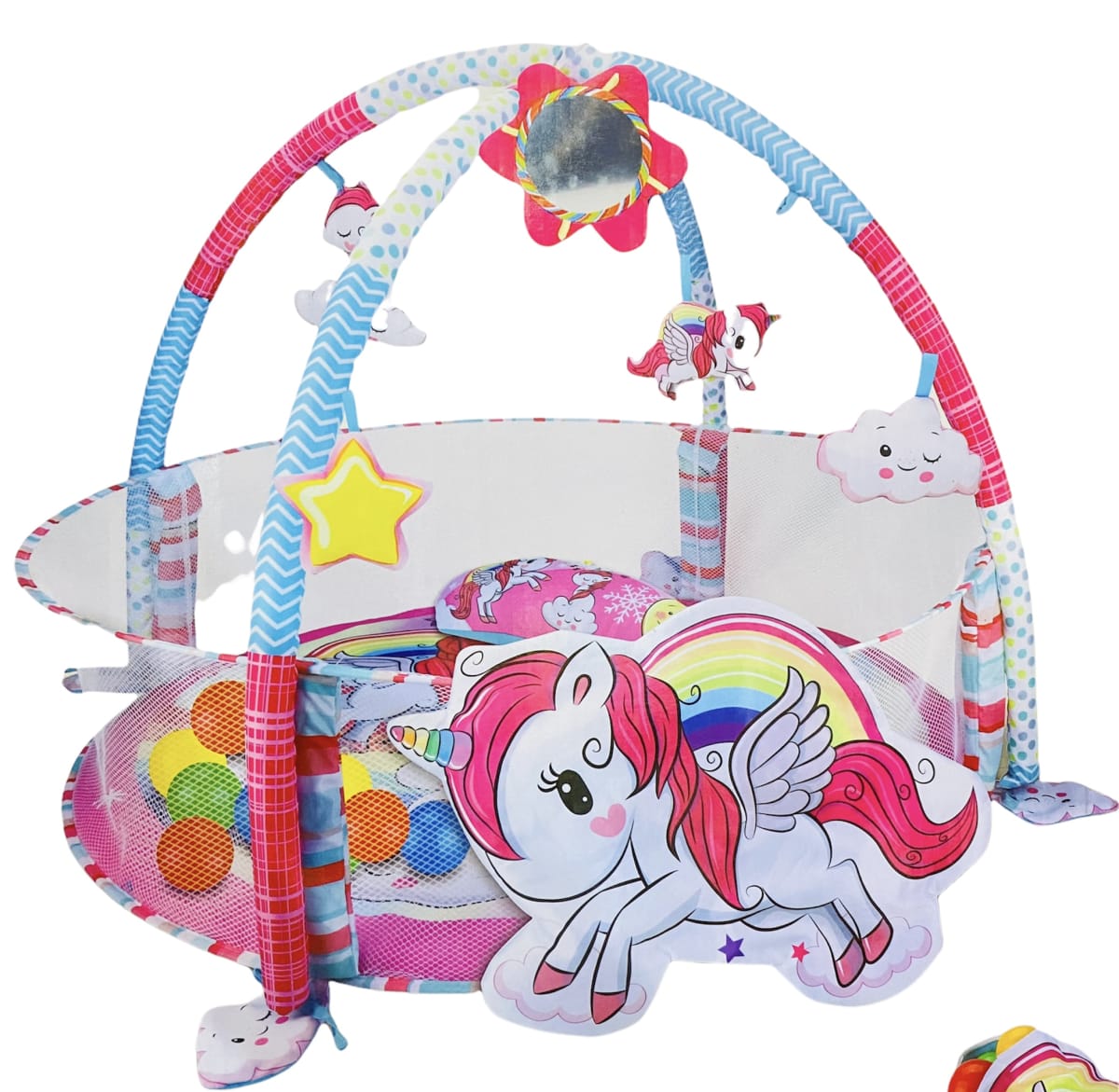 GIMNASIO PARA BEBE 3 EN 1 + 20 PELOTAS UNICORNIO 023-73B 0