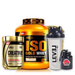 ISO GOLD WHEY 3KG VAINILLA + CREA LEVEL PRO 500G + SHAKER PASTILLERO + PORTA PROTEINA