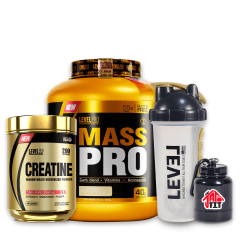 MASS PRO 3KG VAINILLA + CREATINA LEVEL PRO 500G + SHAKER PASTILLERO + PORTA PROTEINA