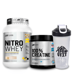 NITRO WHEY 1.100KG COOKIES + 100% CREATINE UN 250G + SHAKER