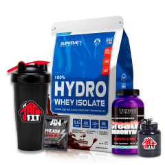 100% HYDRO WHEY 5.5 LB CHOCO + CREATINA ULTIMATE NUT 300G + SHAKER + PORTAPROTEINA + SOBRE PRE THUNDE