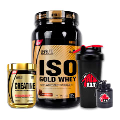 ISO GOLD WHEY 1.1KG CHOCO + CREATINA LEVEL PRO 250G + SHAKER + PORTA PROTEINA