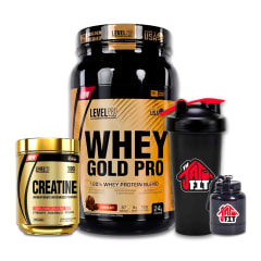 WHEY GOLD PRO 1.1K CHOCO + CREATINA LEVEL PRO 250G + SHAKER + PORTA PROTEINA