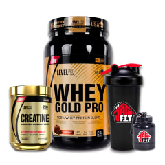 WHEY GOLD PRO 2.5K CHOCO + CREATINA LEVEL PRO 250G + SHAKER + PORTA PROTEINA