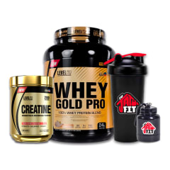 WHEY GOLD PRO 2.5KG VAINILLA + CREATINA LEVEL PRO 250G + SHAKER + PORTA PROTEINA