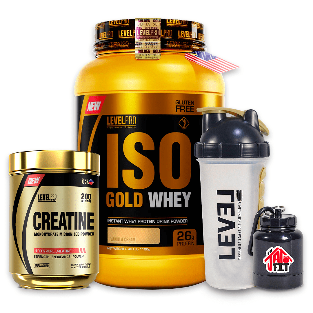ISO GOLD WHEY 1.1KG VAINILLA + CREA LEVEL PRO 500G + SHAKER + PORTA PROTEINA1