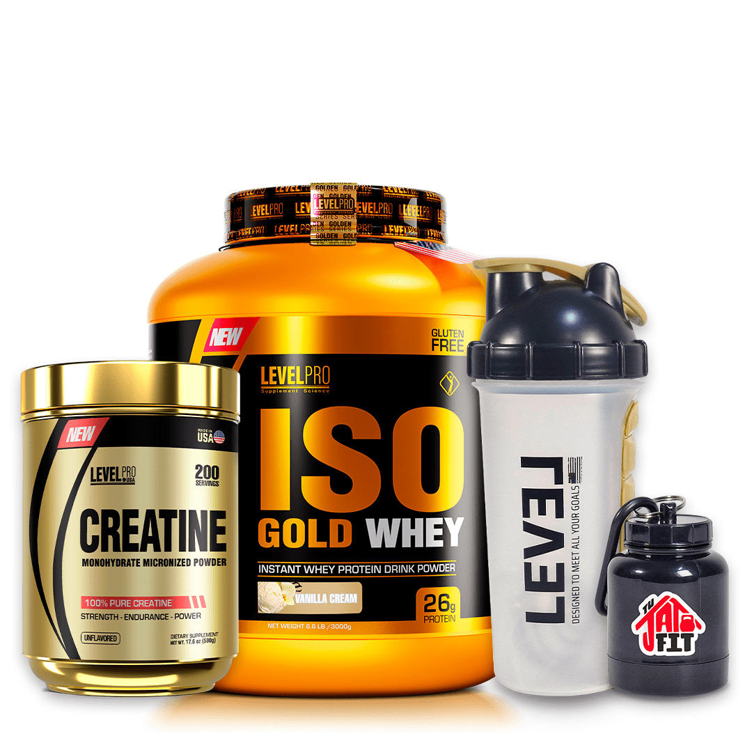 ISO GOLD WHEY 3KG VAINILLA + CREA LEVEL PRO 500G + SHAKER PASTILLERO + PORTA PROTEINA1