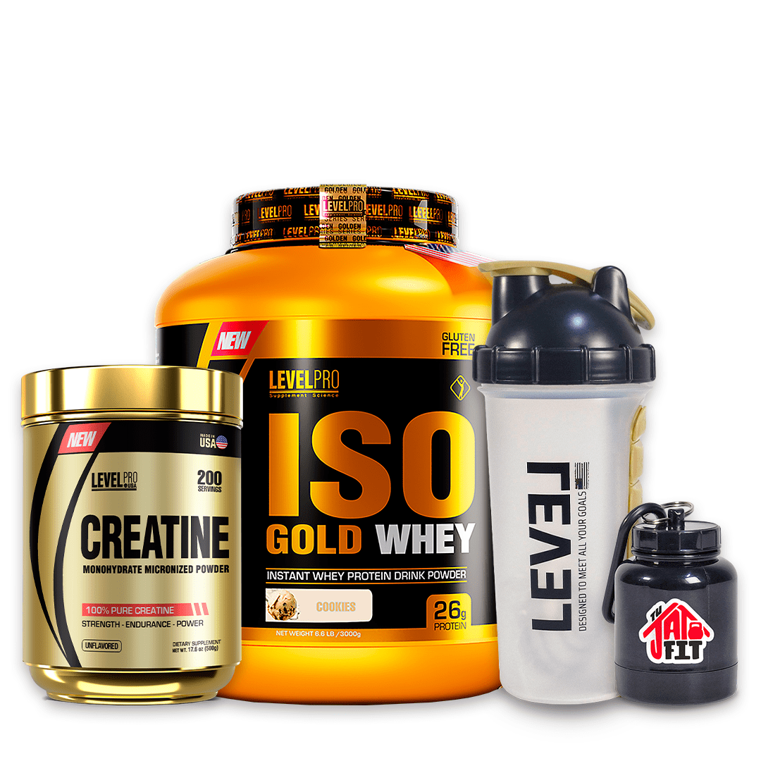 ISO GOLD WHEY 3KG COOKIES + CREATINA LEVEL PRO 500G + SHAKER PASTILLERO + PORTA PROTEINA1