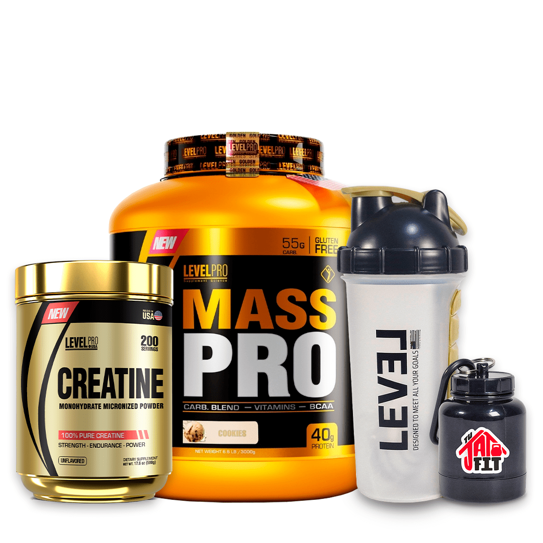 MASS PRO 3KG COOKIES + CREATINA LEVEL PRO 500G + SHAKER PASTILLERO + PORTA PROTEINA1