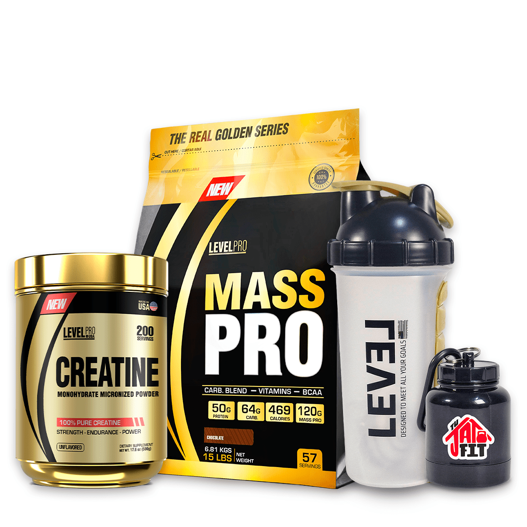 MASS PRO 6.8KG CHOCO + CREATINA LEVEL PRO 500G + SHAKER PASTILLERO + PORTA PROTEINA1
