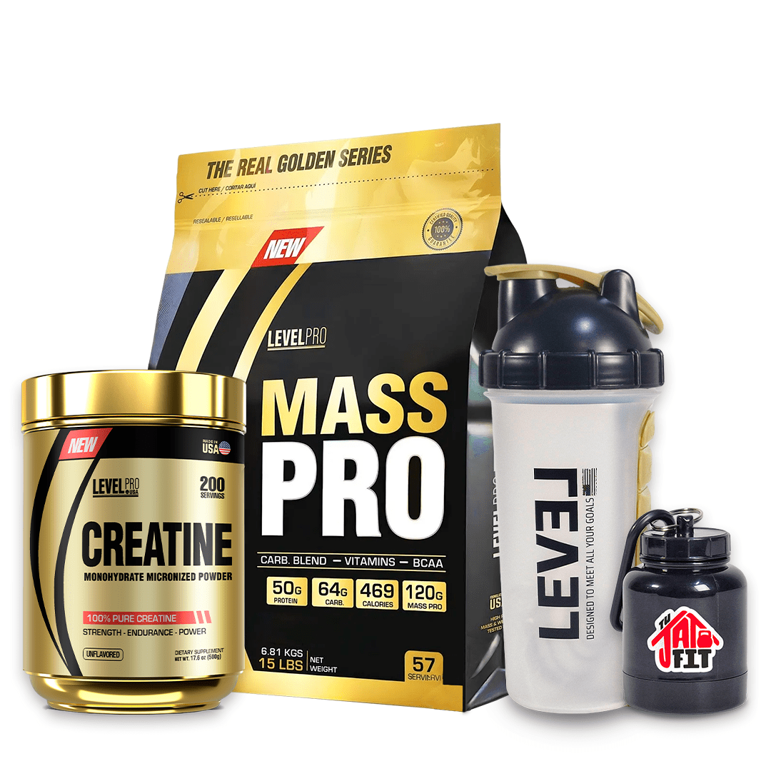 MASS PRO 6.8KG VAINILLA + CREATINA LEVEL PRO 500G + SHAKER PASTILLERO + PORTA PROTEINA1
