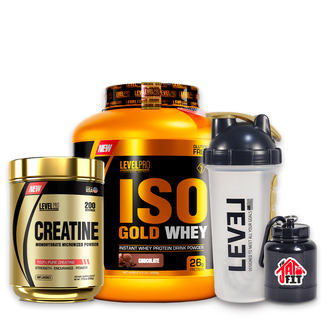 ISO GOLD WHEY 3KG CHOCO + CREATINA LEVEL PRO 500G + SHAKER PASTILLERO + PORTA PROTEINA1