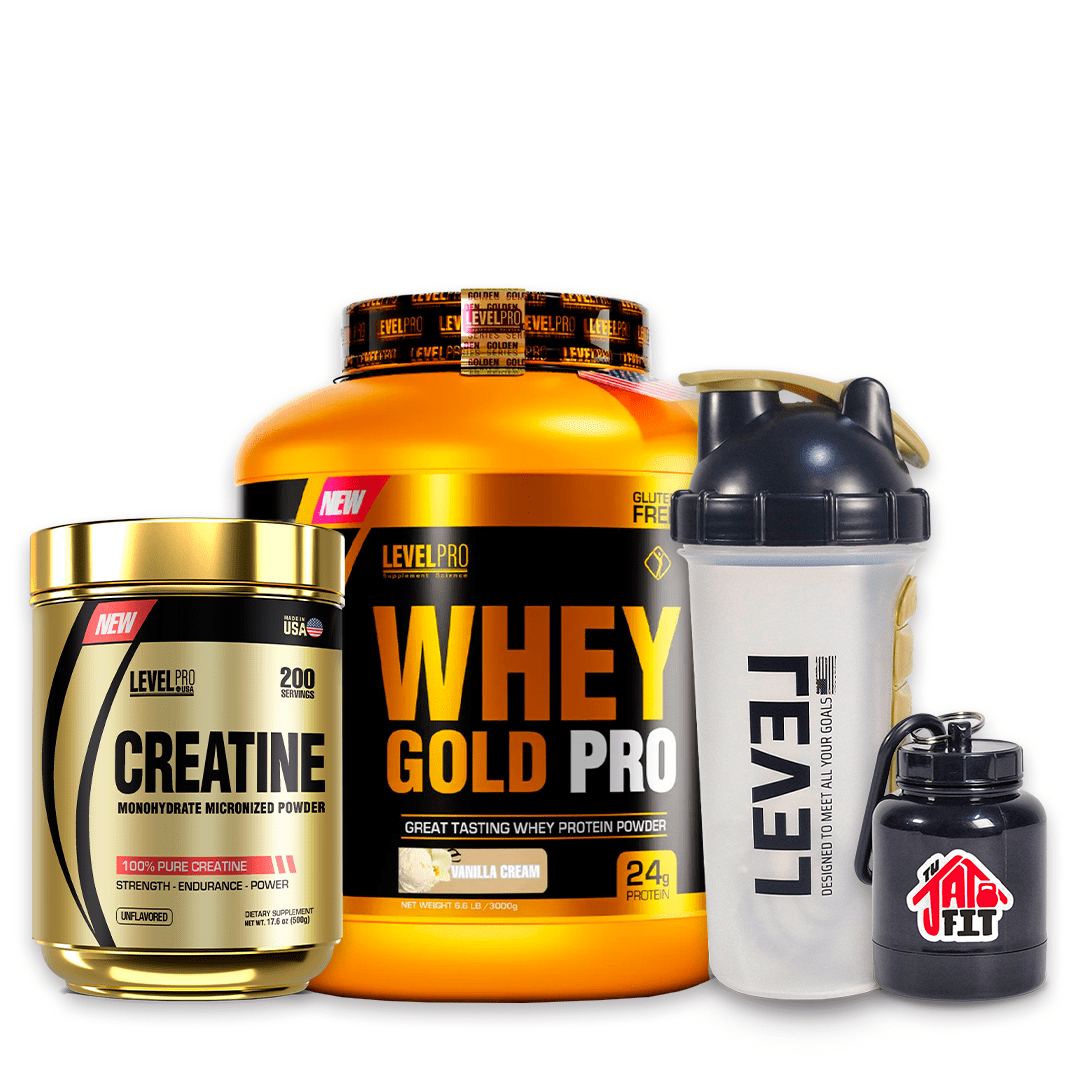 WHEY GOLD PRO 3KG VAINILLA + CREATINA LEVEL PRO 500G + SHAKER PASTILLERO + PORTA PROTEINA1
