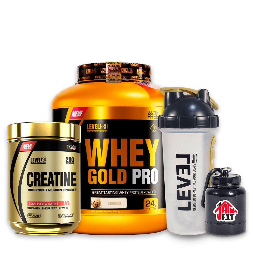 WHEY GOLD PRO 3KG COOKIES + CREATINA LEVEL PRO 500G + SHAKER PASTILLERO + PORTA PROTEINA1