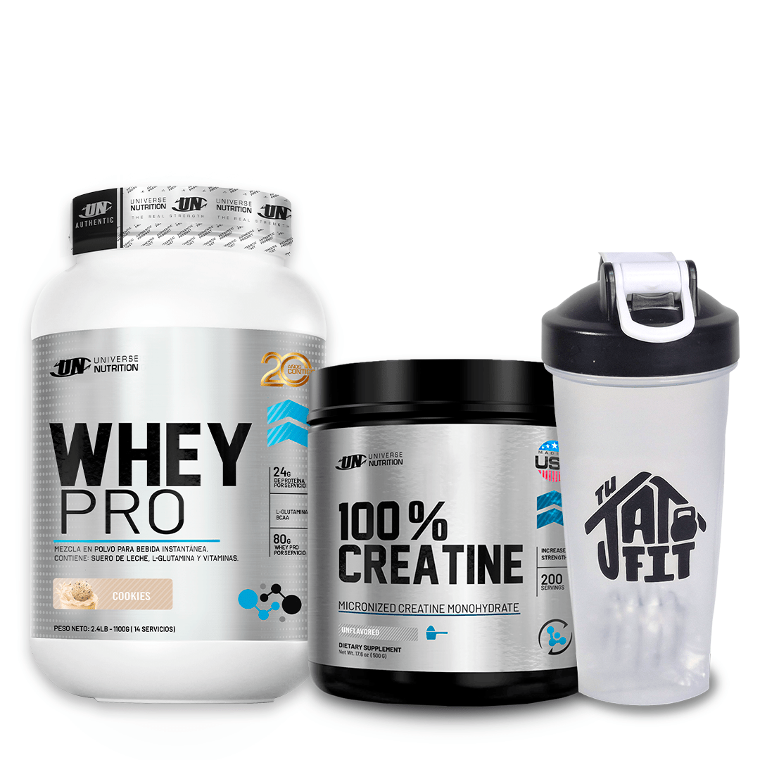 WHEY PRO 1.100KG COOKIES + 100% CREATINE UN 250G + SHAKER1