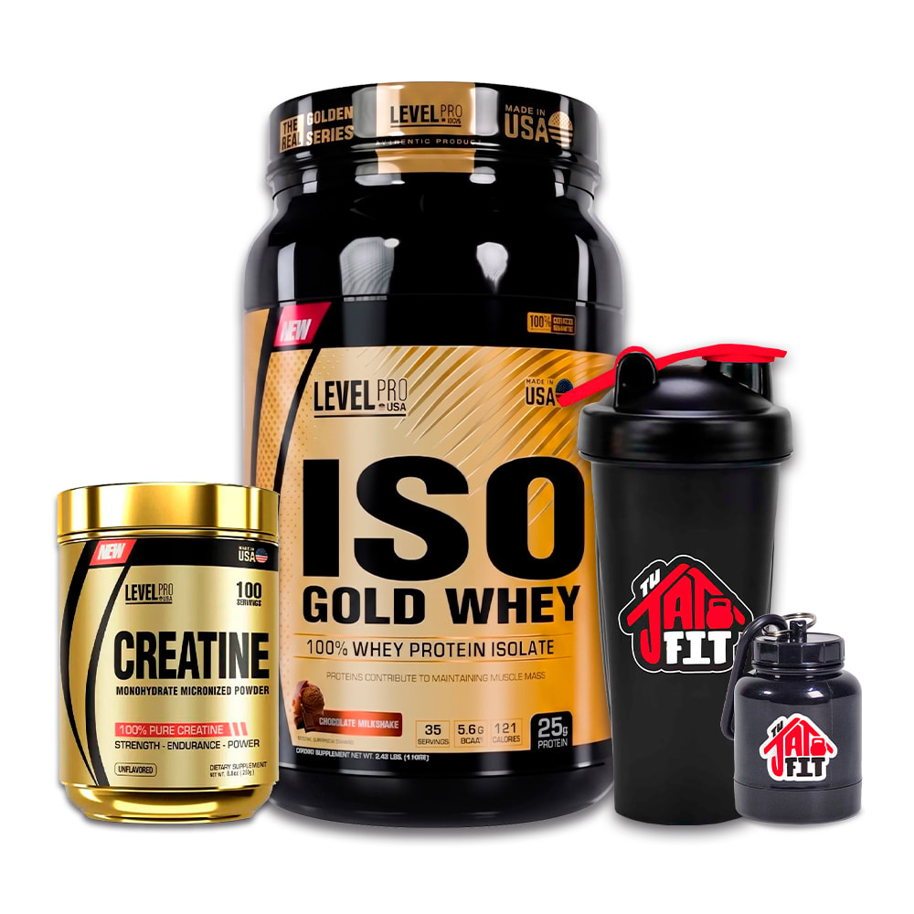 ISO GOLD WHEY 1.1KG CHOCO + CREATINA LEVEL PRO 250G + SHAKER + PORTA PROTEINA1