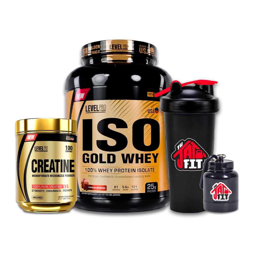 ISO GOLD WHEY 5.5LB CHOCO + CREATINA LEVEL PRO 250G + SHAKER+ PORTA PROTEINA1