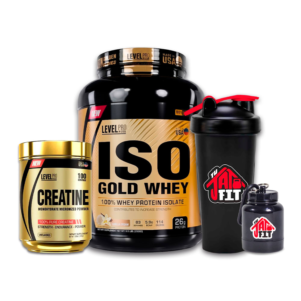 ISO GOLD WHEY 5.5.LB VAINILLA + CREATINA LEVEL PRO 250G + SHAKER + PORTA PROTEINA1