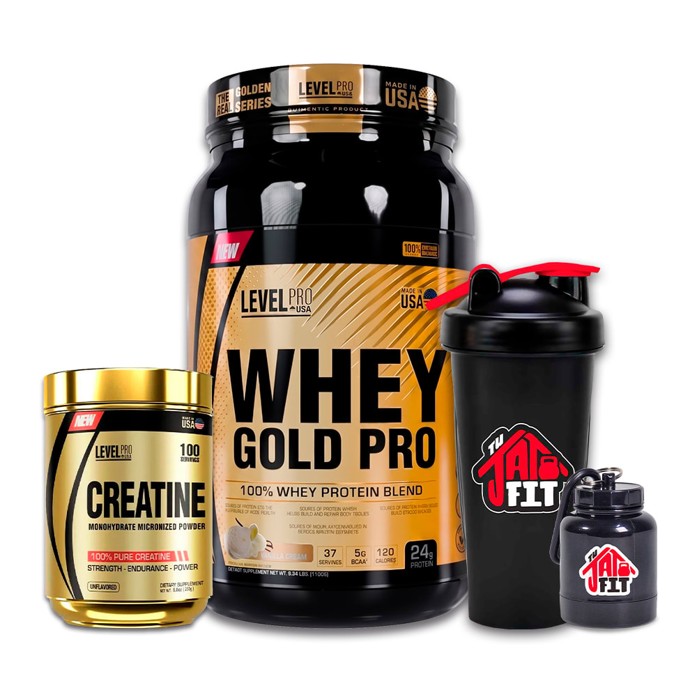 WHEY GOLD PRO 1.1K VAINILLA + CREATINA LEVEL PRO 250G + SHAKER + PORTA PROTEINA1