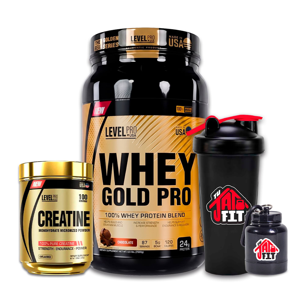 WHEY GOLD PRO 1.1K CHOCO + CREATINA LEVEL PRO 250G + SHAKER + PORTA PROTEINA1