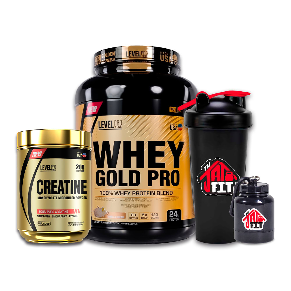 WHEY GOLD PRO 2.5KG VAINILLA + CREATINA LEVEL PRO 250G + SHAKER + PORTA PROTEINA1