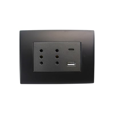 Enchufe Doble Puenteado Emb. 10A + 2 USB (Tipo A y C) Negro Linea Andes Lexo1