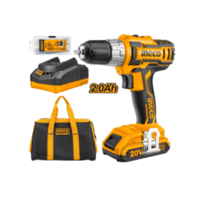 Taladro Atornillador Industrial 2 Bat 2 Ah + Cargador Rapido c/ bolso 20v/ 10mm INGCO CDLI20021