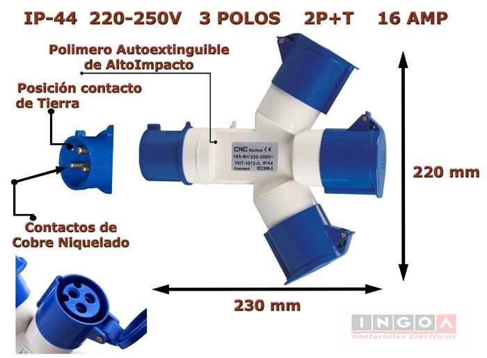 Enchufe Ind. Derivacion 3 Hembras 2P+T 16A 250V IP44 Pulpo CNC2