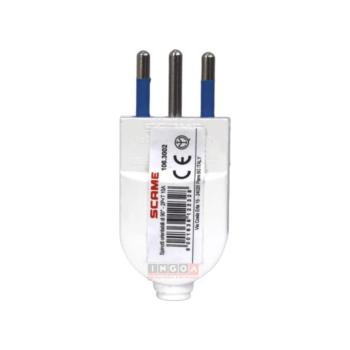 Enchufe Macho Volante Convertible 2P+T 10A 250V Dom. Blanco - Scame - Vista 2