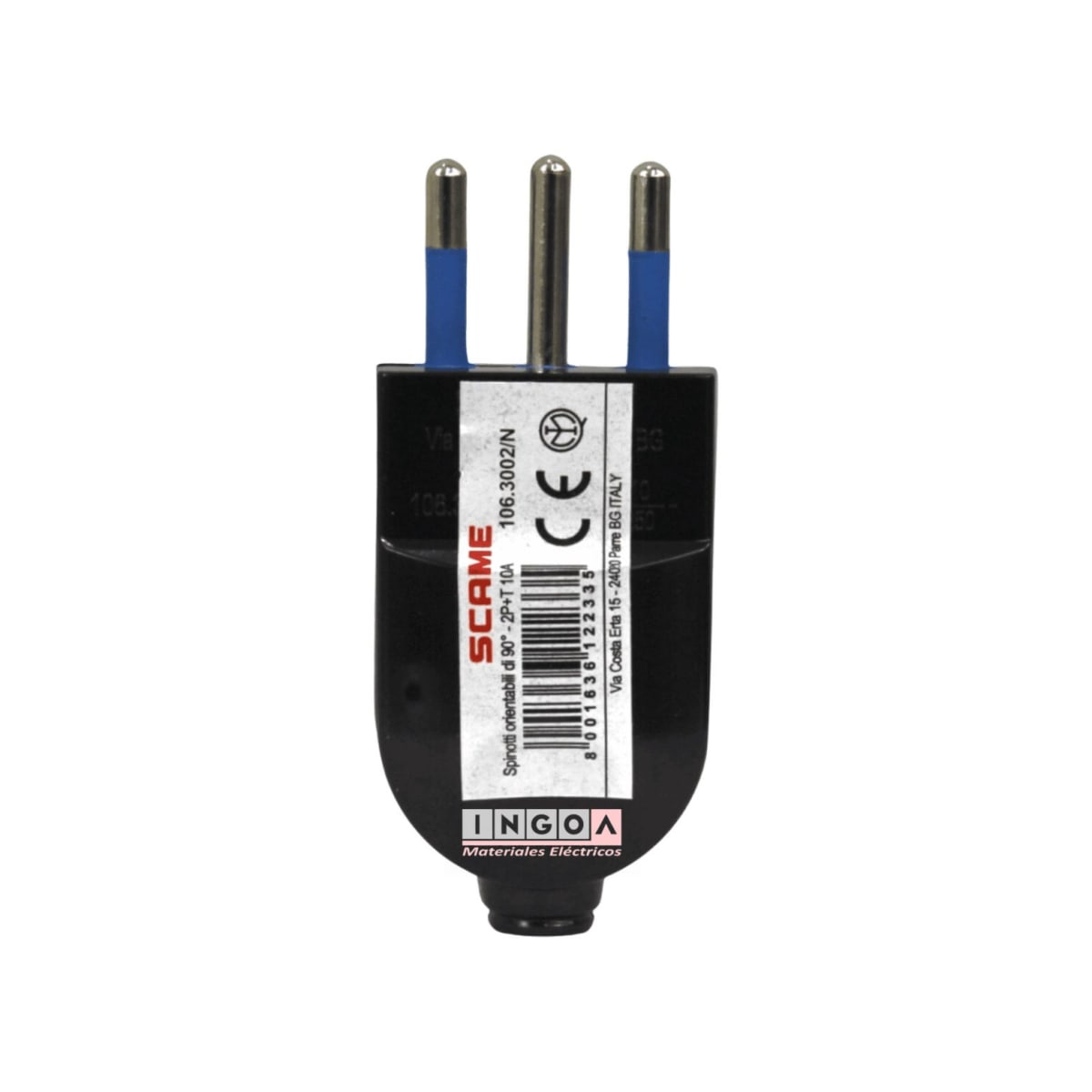 Enchufe Macho Volante Convertible 2P+T 10A 250V Dom. Negro - Scame - Vista 2