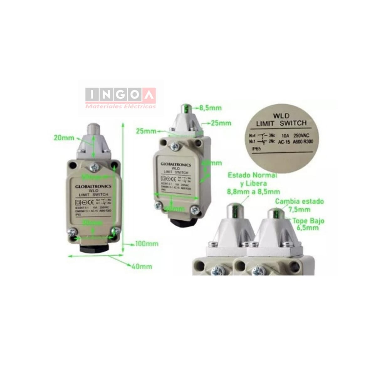 Final de Carrera WLD Limit Switch Con Piston Liso 10A 1NO+1NC IP65 - Vista 6