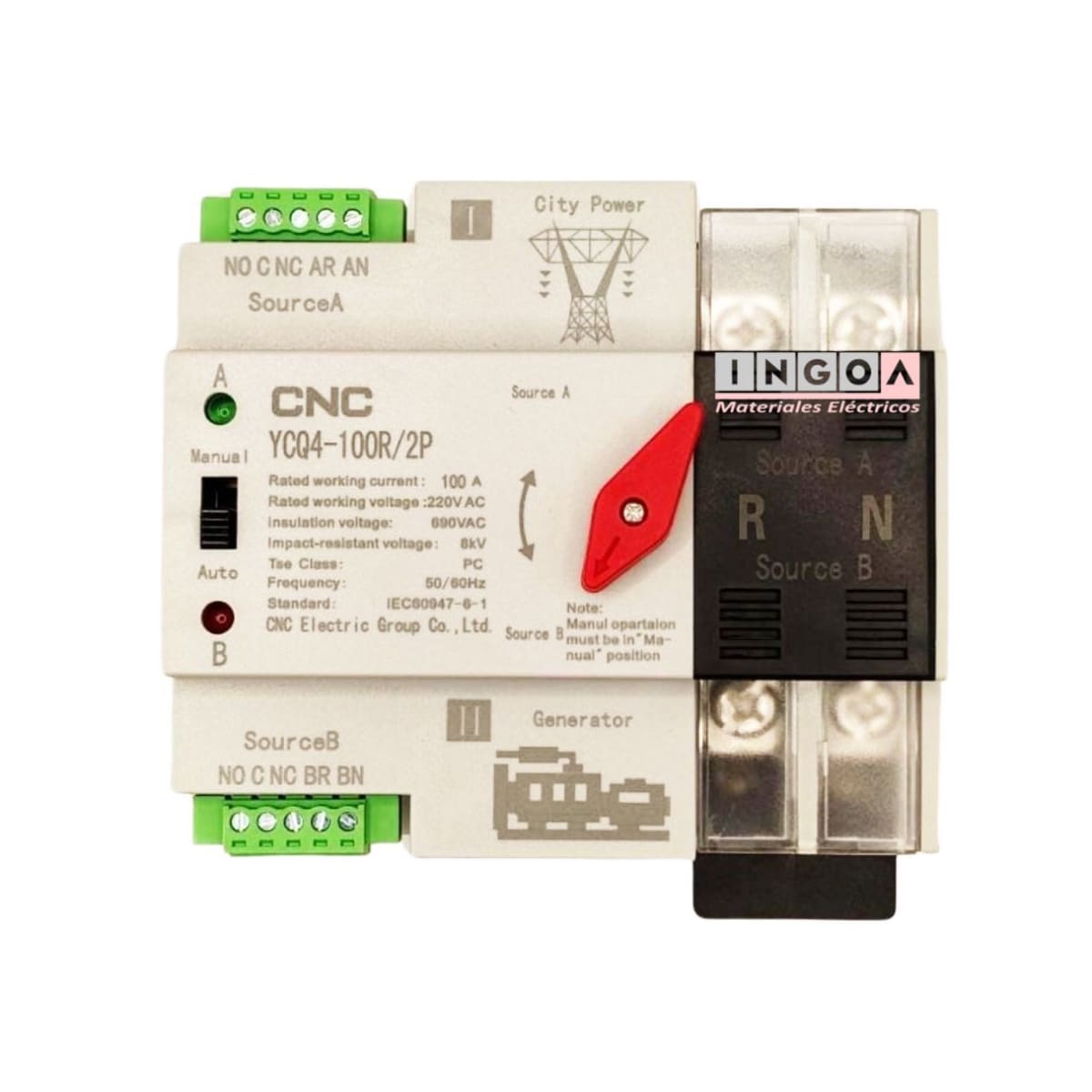 Switch de Transferencia Automatica 2 Polos 100A ATS YCQ4-100R/2P CNC2