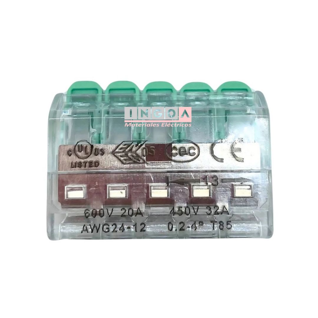 Conector Rapido Transparente Clip Wago 0.8-4mm2 32A 5 Vías (25un)2