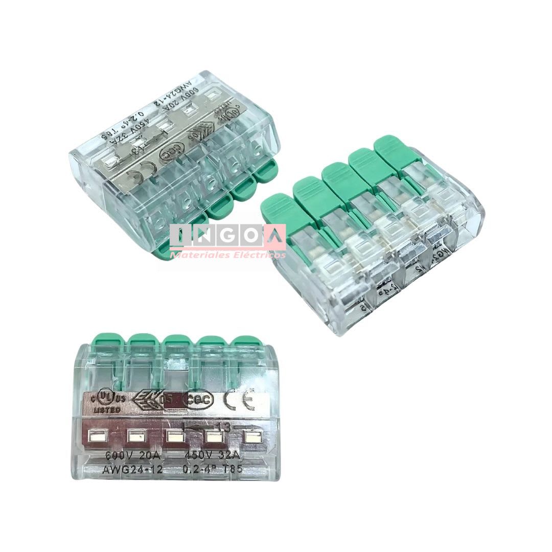 Conector Rapido Transparente Clip Wago 0.8-4mm2 32A 5 Vías (25un)3