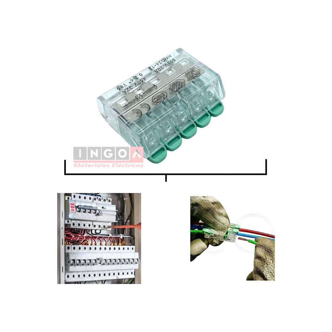 Conector Rapido Transparente Clip Wago 0.8-4mm2 32A 5 Vías (25un)4