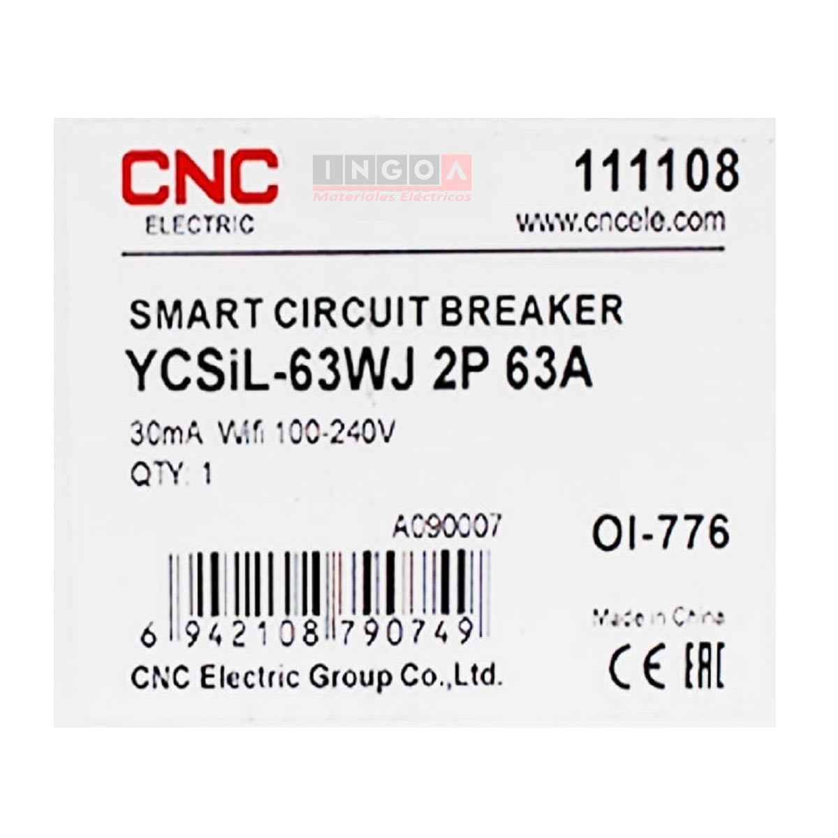 Interruptor Wifi Pro (L+N) 2P 63A 30ma 240Vac App Tuyasmart YCSiL-63WJ CNC - Vista 8