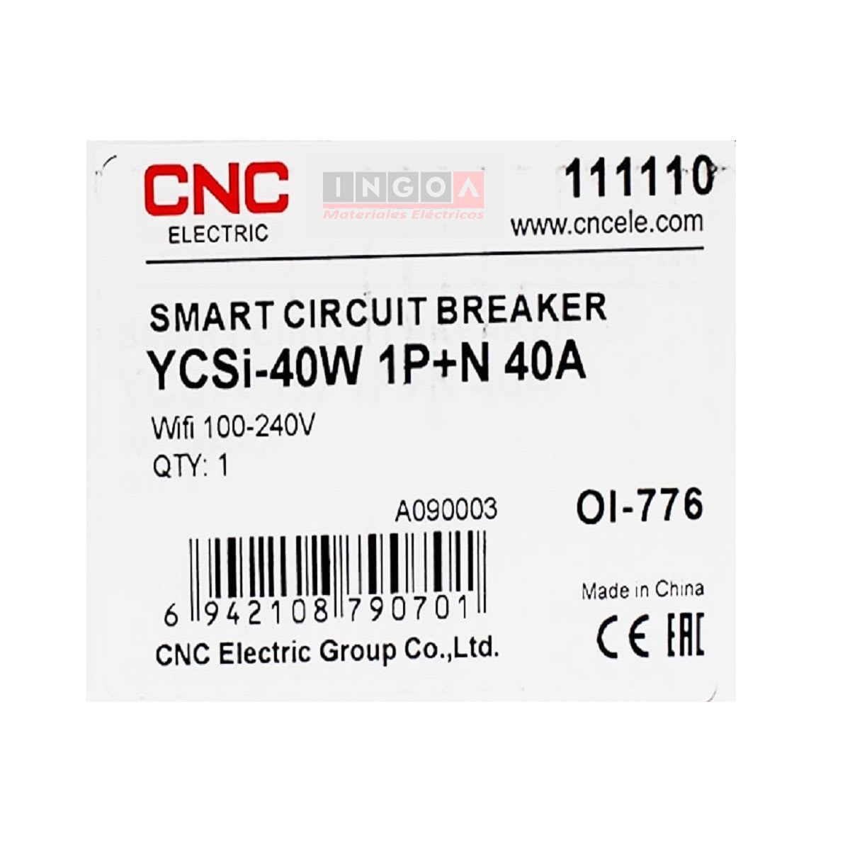 Interruptor Wifi On-Off (L+N) 1P 40A 240Vac App Tuyassmart YCSi-40W CNC - Vista 8