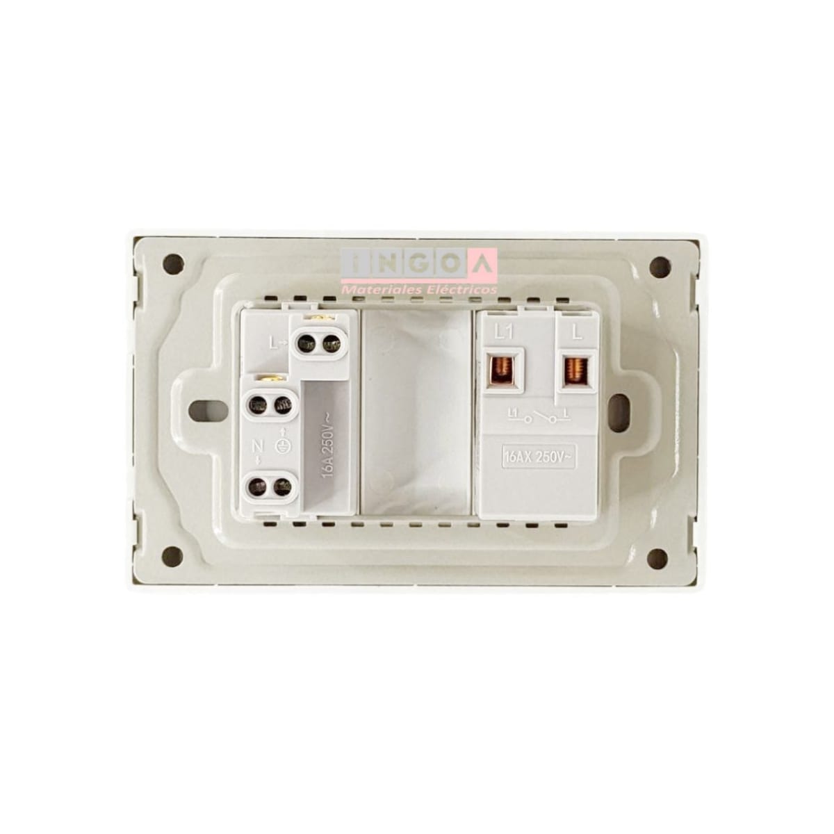 Interruptor Simple Emb. 9/12 Blanco + Enchufe Simple 10/16A 250V Base Metalica  - Want3