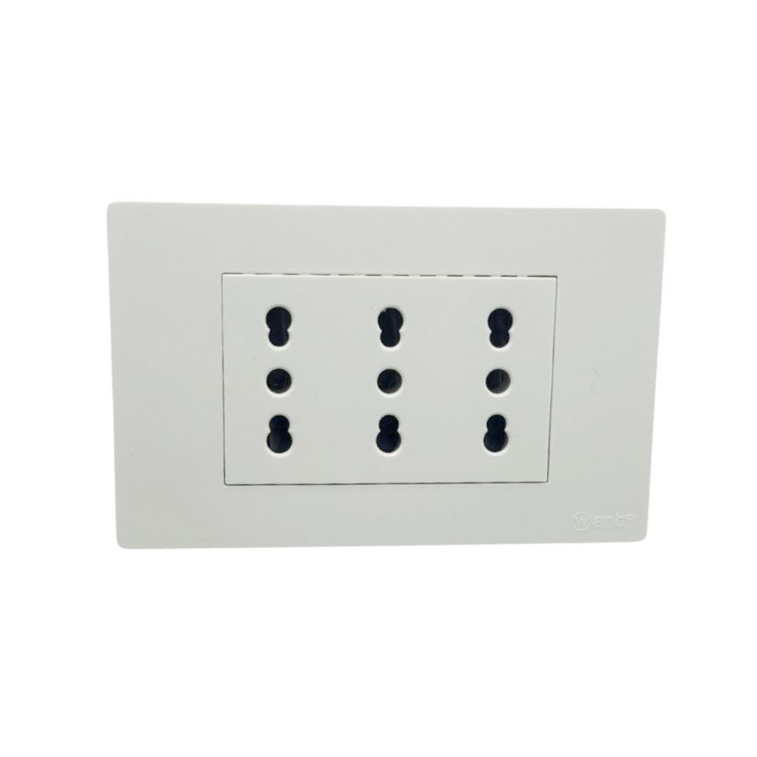 Enchufe Triple Puenteado Emb. 10/16A 250V Blanco Base Metalica - Want 0