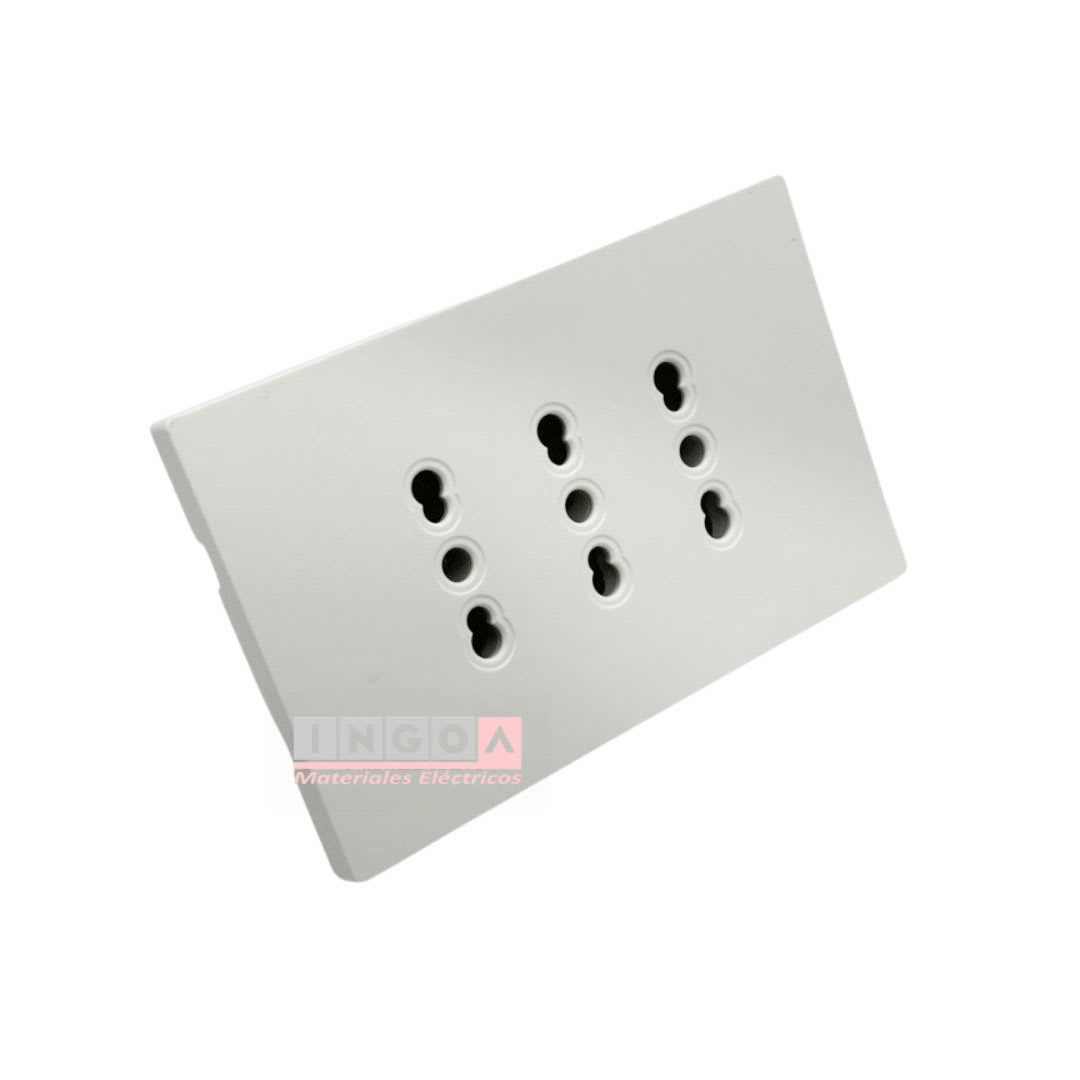 Enchufe Triple Plano Puenteado Emb. 10/16A 250V Blanco Base Metalica - Want2