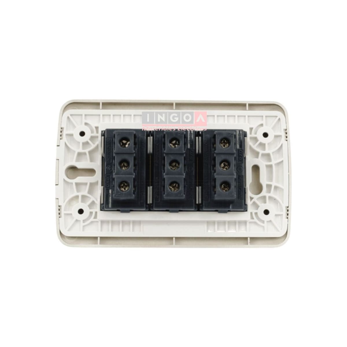 Enchufe Triple Emb. 10A 250V Mod. Beige Placa Titanio - Lexo - Vista 3