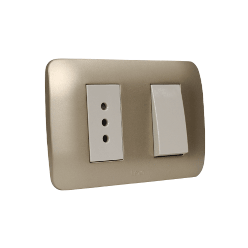 Interruptor Simple Emb. 9/12 + Enchufe 10A 250V Mod. Beige Placa Titanio - Lexo2