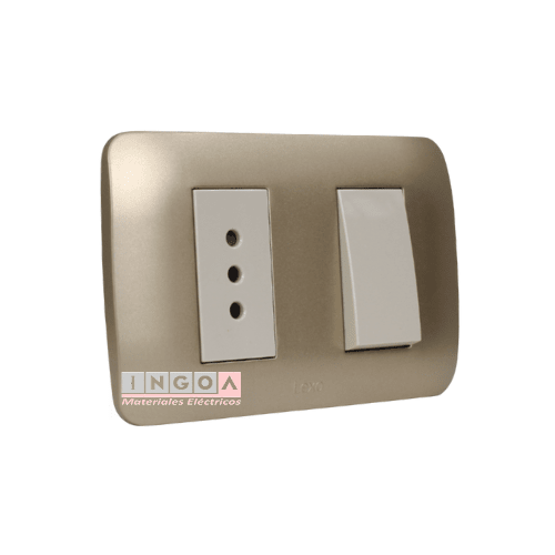 Interruptor Simple Emb. 9/12 + Enchufe 10A 250V Mod. Beige Placa Titanio - Lexo - Vista 2