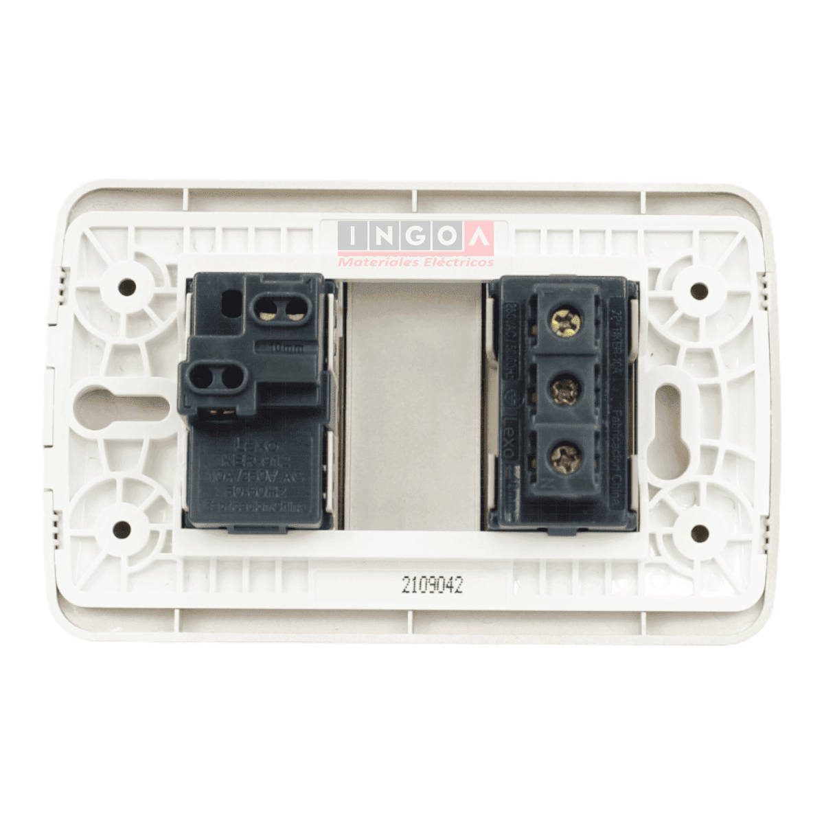 Interruptor Simple Emb. 9/12 + Enchufe 10A 250V Mod. Beige Placa Titanio - Lexo - Vista 3