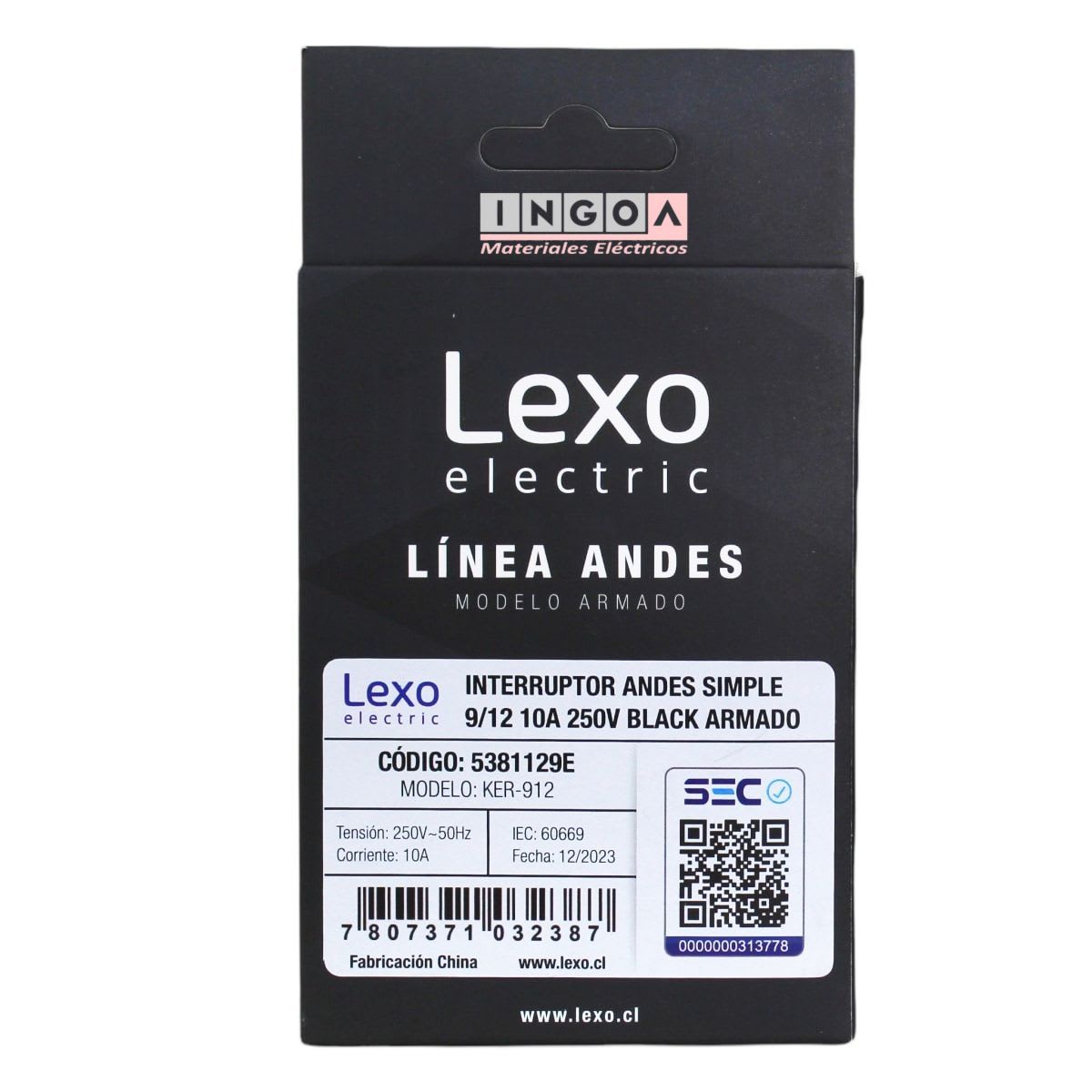 Interruptor Emb. 9/12 10A 250V Negro Linea Andes Lexo6