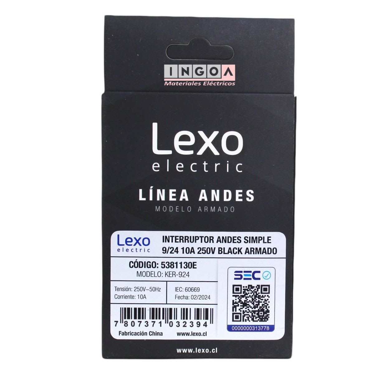 Interruptor Emb. 9/24 10A 250V Negro Linea Andes Lexo6