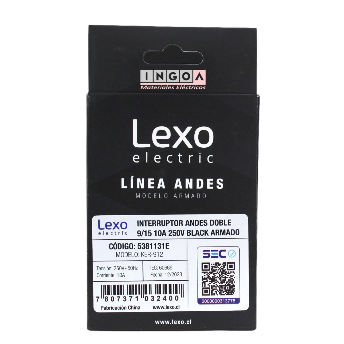 Interruptor Doble Emb. 9/15 10A 250V Negro Linea Andes Lexo6