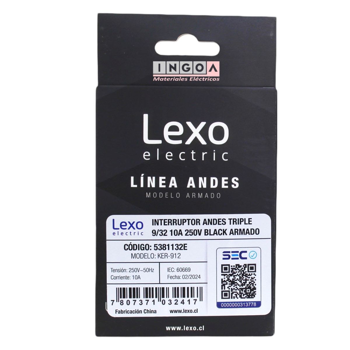 Interruptor Triple Emb. 9/32 10A 250V Negro Linea Andes Lexo6