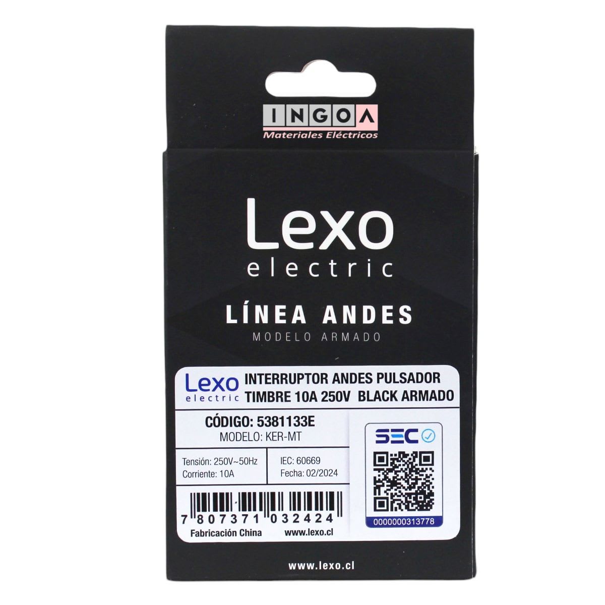 Interruptor Pulsador Timbre Emb. 10A 250V Negro Linea Andes Lexo6